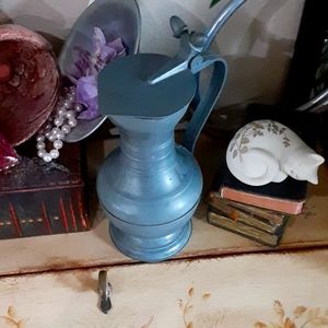 French Pewter Wine Ewer, 7" Tall, Hinged Lid w Acorn Adornments